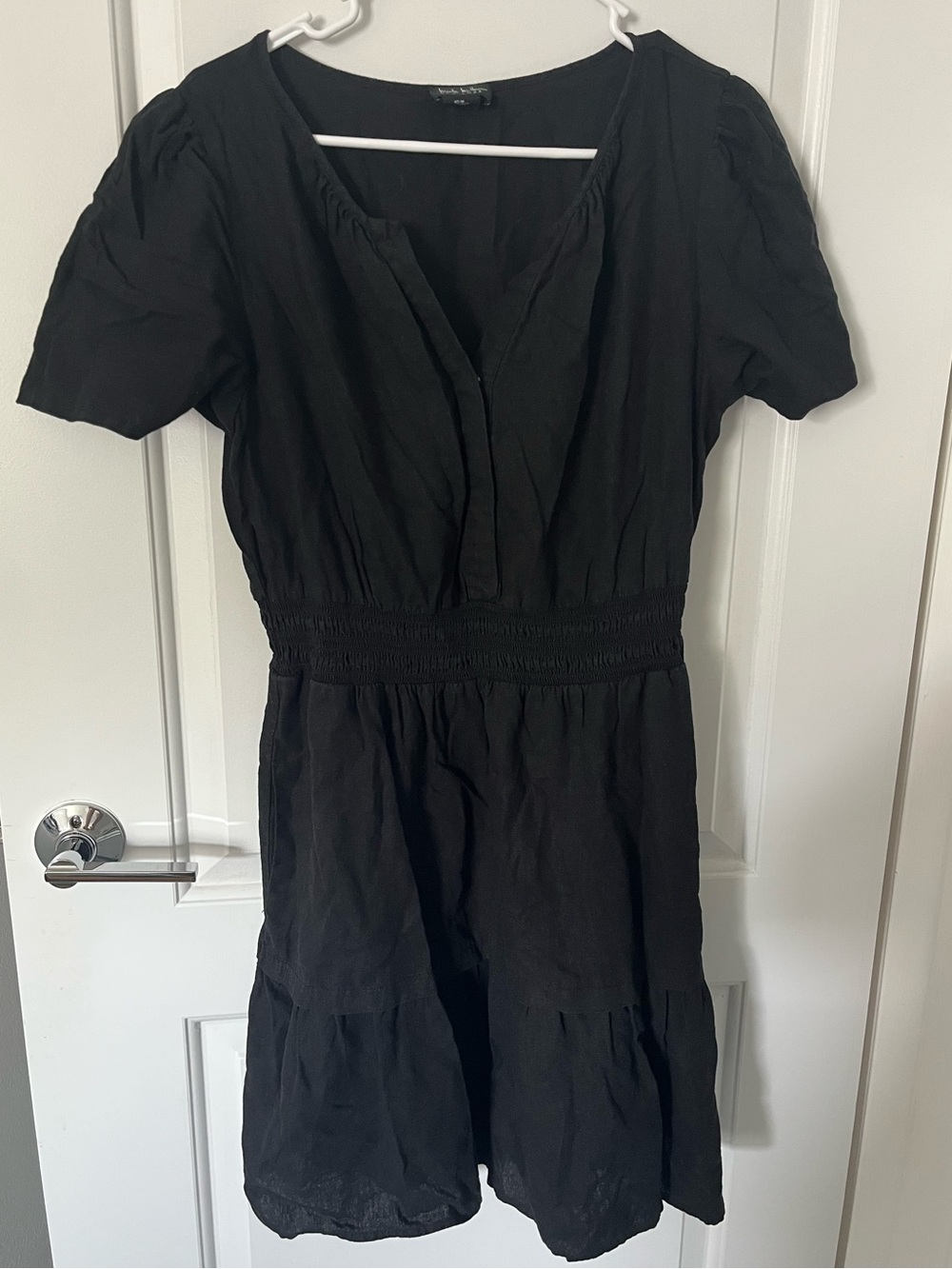Black Short-Sleeve Smocked-Waist linen Mini Dress